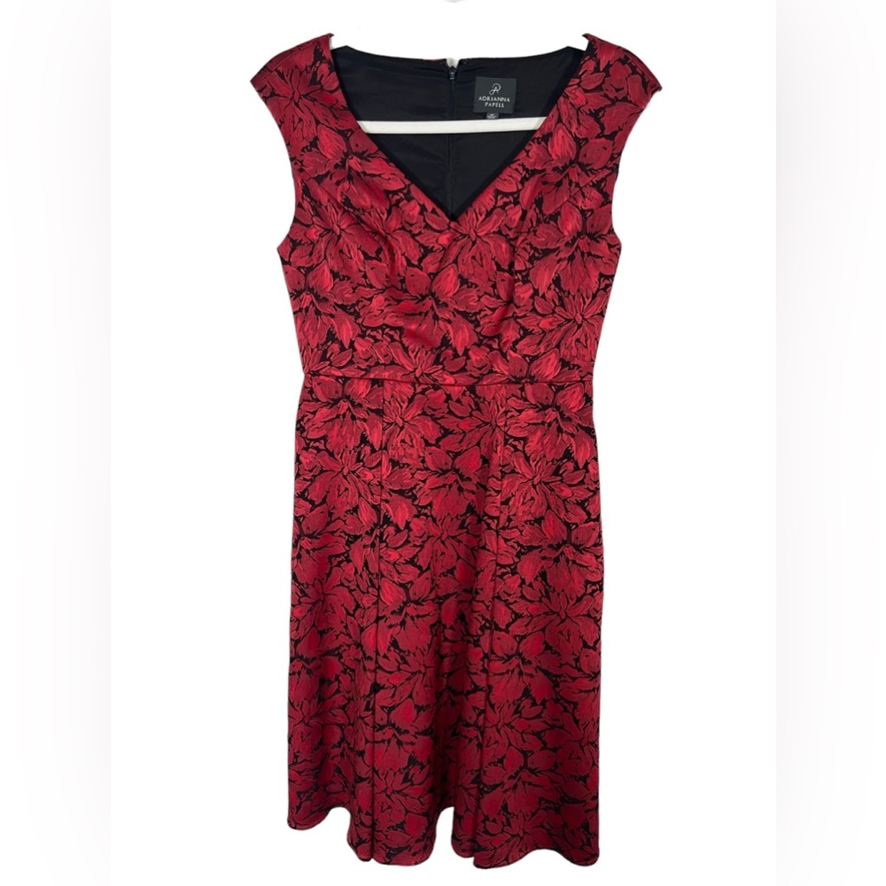 ADRIANNA PAPELL Dress Size 14 Red Black Jacquard Fit & Flare Sleeveless Pockets